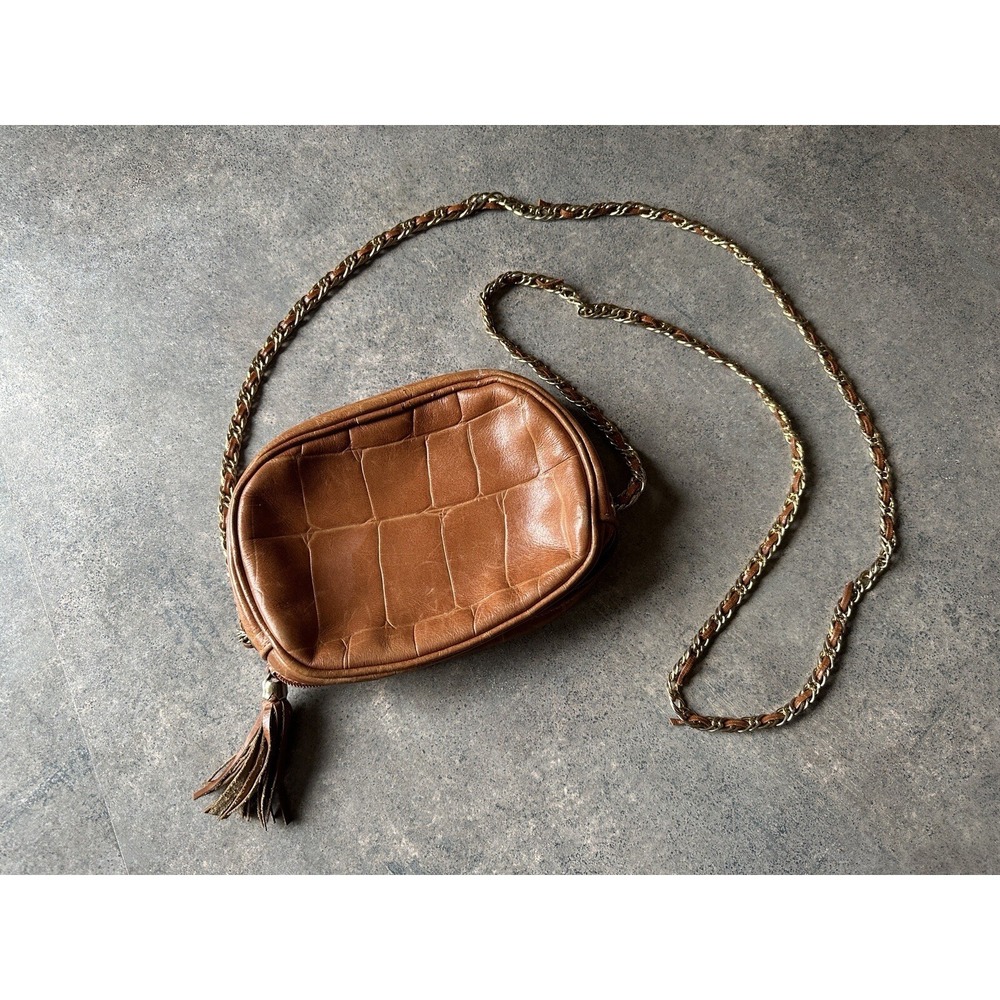 Vintage L.J. Simone Brown Croc Pattern Genuine Leather Chain Crossbody Purse Bag